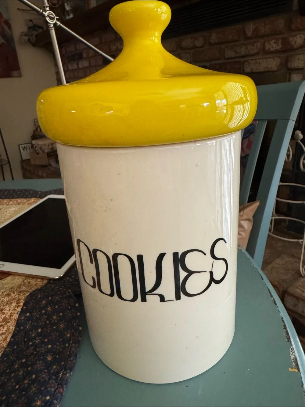 Cookie Canister with Yellow Lid - White Ceramic Cookie Jar